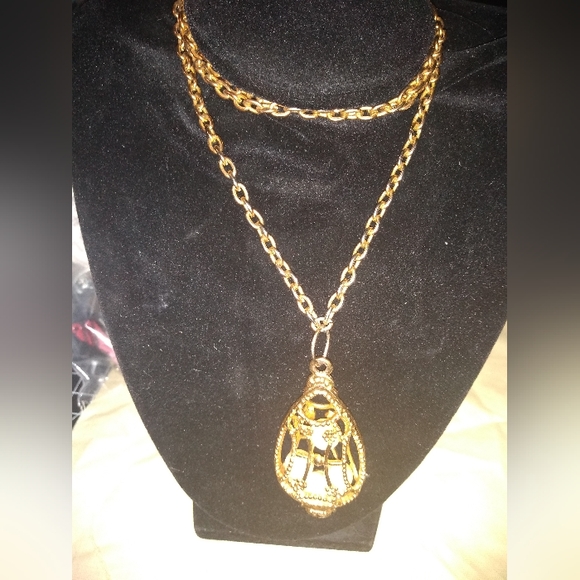 Vintage Jewelry - Vintage Gold Toned Long Necklace, 34 Inches, Four Caged Pearls